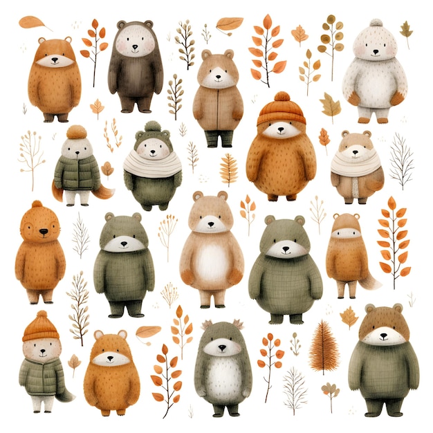 Colección de osos de dibujos animados con hojas de otoño ilustración vectorial sobre fondo blanco