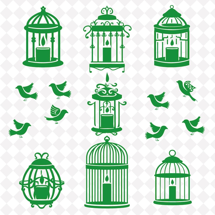 PSD una colección de pájaros verdes y pájaros en un fondo blanco