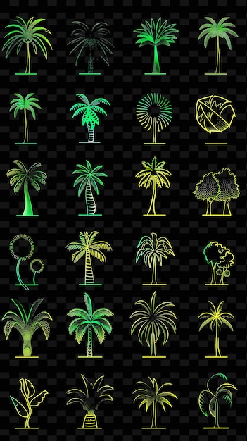 Una colección de palmeras con hojas verdes sobre un fondo negro