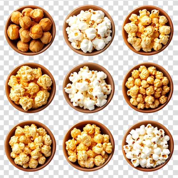 Colección de palomitas de maíz aisladas sobre un fondo transparente