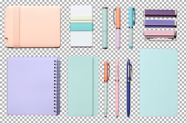 PSD colección de papelería estética con cuadernos pastel y bolígrafos coloridos en un fondo simple en un fondo transparente png de superficie blanca o clara