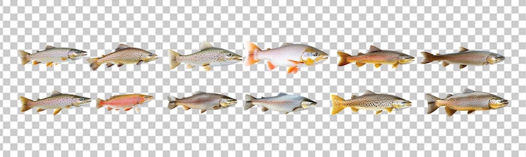 PSD colección de peces de trucha crudos aislados sobre un fondo transparente