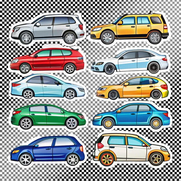 Colección de pegatinas de automóviles sobre un fondo transparente