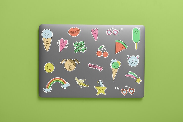 PSD colección de pegatinas en la computadora portátil