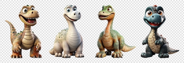 Colección de personajes de dibujos animados en 3d brontosaurus y dinosaurios trex con fondo transparente