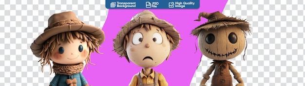 Colección de personajes de espantapájaros de Halloween con expresión facial en estilo de animación de dibujos animados en 3D