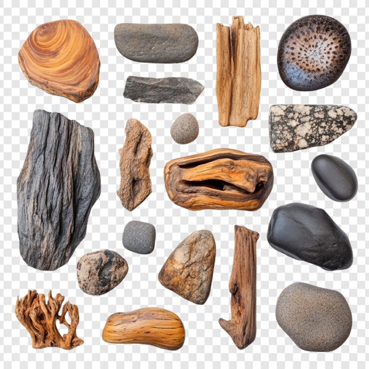 PSD colección de piedras lisas y piezas de madera a la deriva texturas de la naturaleza