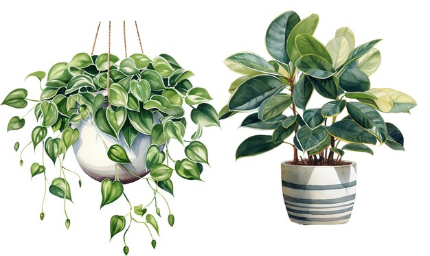 Colección de plantas de interior con ilustraciones en acuarela