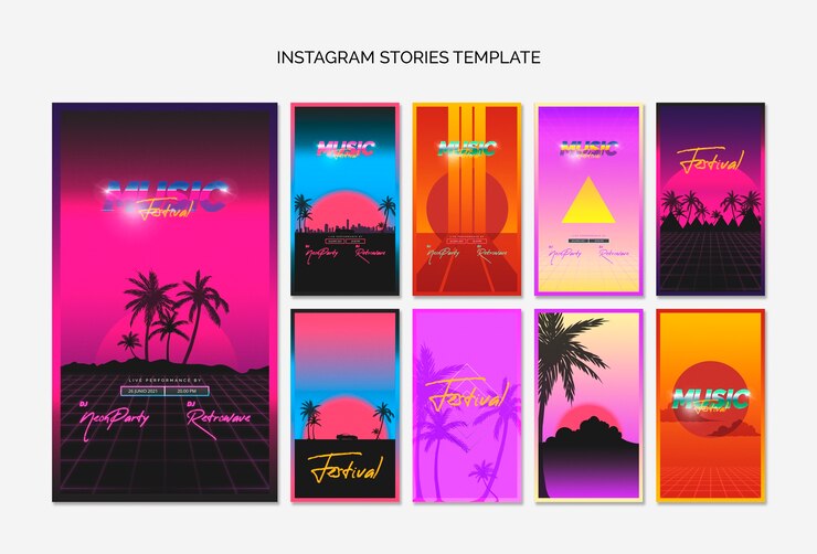 PSD colección de plantillas de stories de instagram para festival de música de los 80