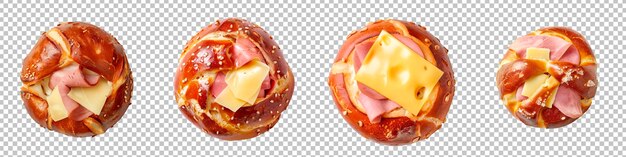 Colección pretzel bun con jamón y queso suizo aislado sobre un fondo transparente