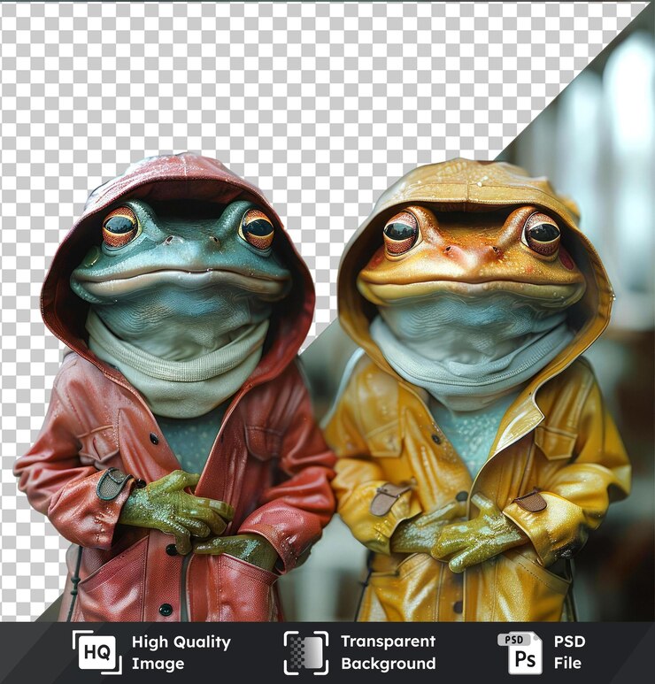 PSD colección de psd de fondo transparente de ranas animadas en impermeables con pelirrojas