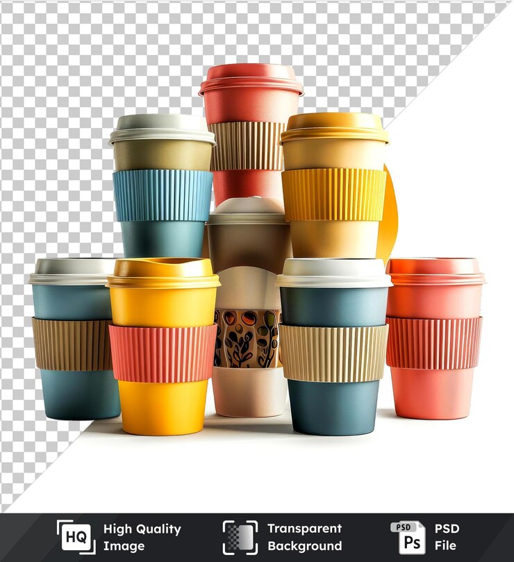 PSD colección psd transparente de alta calidad de tazas de café reutilizables en rojo, amarillo, azul y blanco con