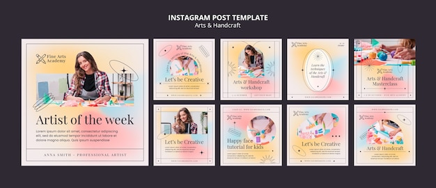 Colección de publicaciones de instagram de artes y manualidades para niños con colores degradados