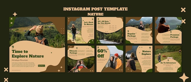 PSD colección de publicaciones de instagram de aventuras en la naturaleza con colores de camuflaje