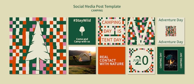 PSD colección de publicaciones de instagram de camping con diseño de formas geométricas