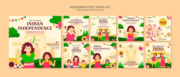 Colección de publicaciones de instagram para la celebración del día de la independencia de india