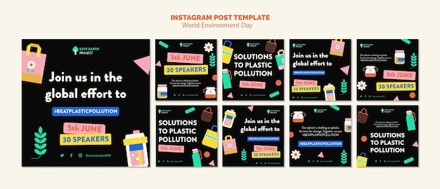 Colección de publicaciones de instagram para la celebración del día mundial del medio ambiente