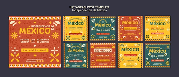 PSD colección de publicaciones de instagram de celebración de la independencia de méxico