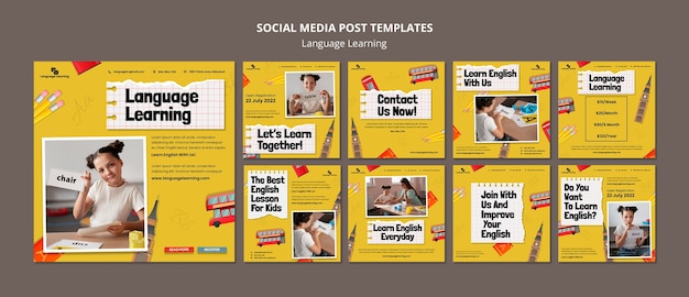 Colección de publicaciones de instagram de cursos de aprendizaje de inglés con elementos en inglés