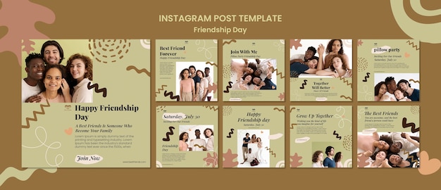 Colección de publicaciones de instagram del día de la amistad con formas abstractas y hojas