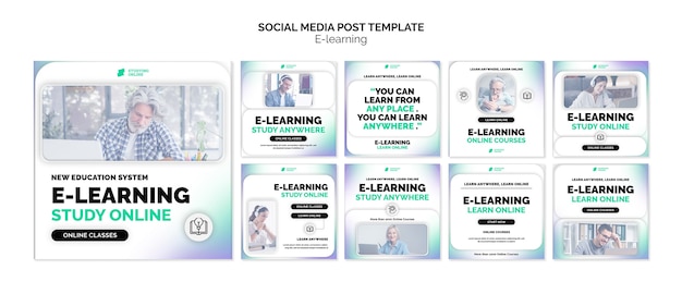 Colección de publicaciones de instagram de e-learning con diseño degradado