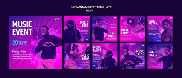 Colección de publicaciones de instagram de eventos musicales con luz degradada