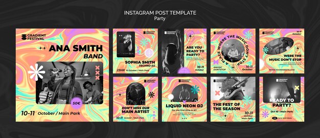 Colección de publicaciones de instagram del festival de música con efecto líquido multicolor