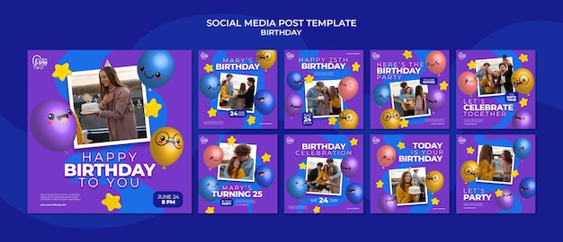 PSD colección de publicaciones de instagram para fiesta de cumpleaños con globos divertidos
