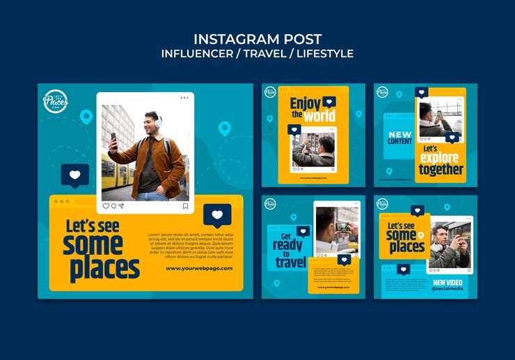 PSD colección de publicaciones de instagram de influencers de medios de viajes
