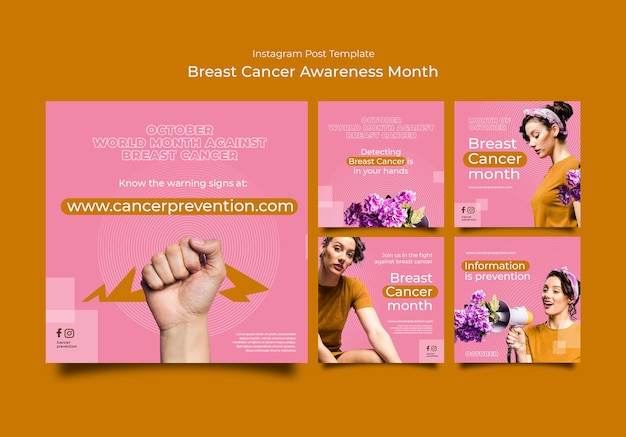PSD colección de publicaciones de instagram del mes de concientización sobre el cáncer de mama