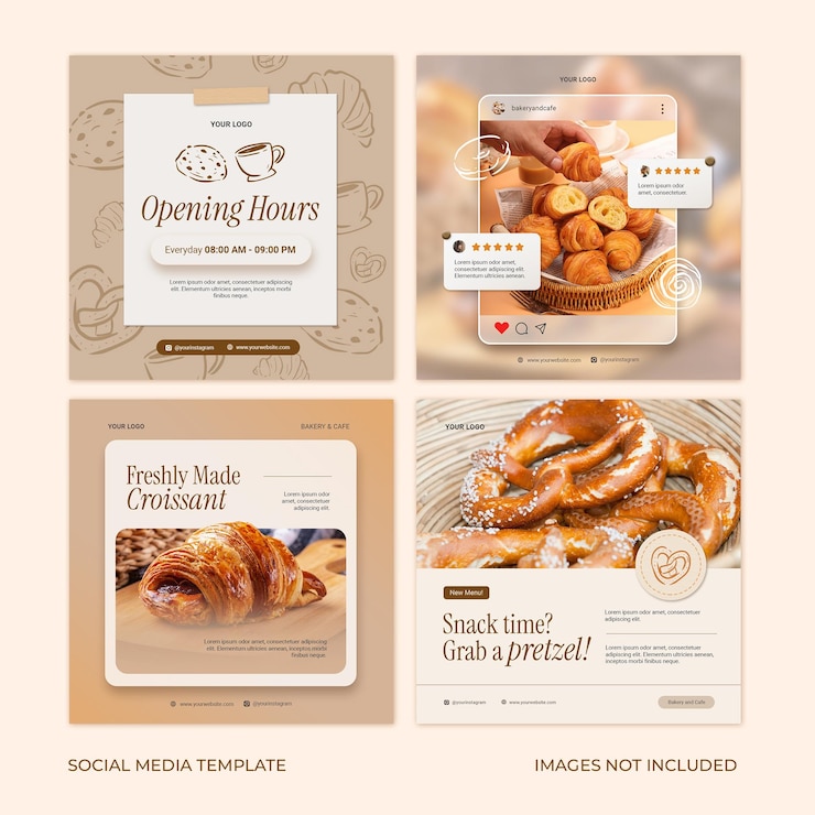 PSD colección de publicaciones de instagram de panaderías y cafeterías