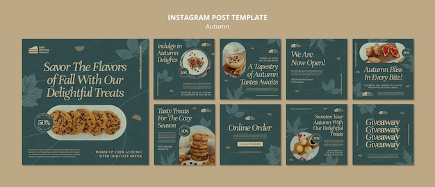 PSD colección de publicaciones de instagram para restaurante con menú otoñal