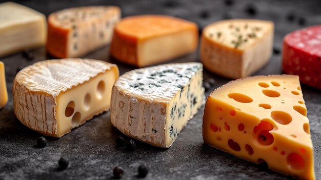 una colección de quesos, incluida una que tiene la palabra queso