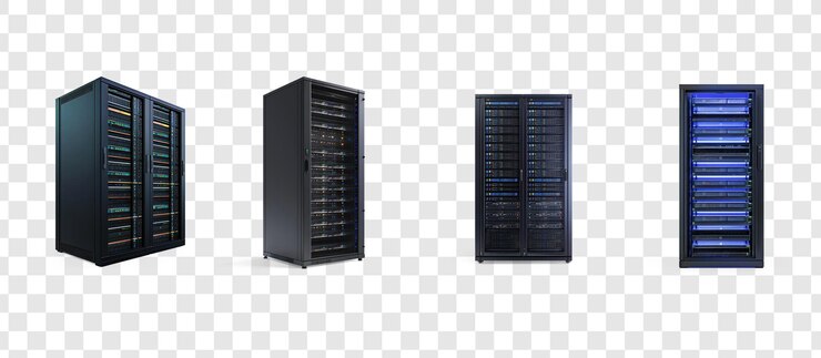PSD colección de rack de servidor de red moderna vista frontal aislada en un fondo transparente