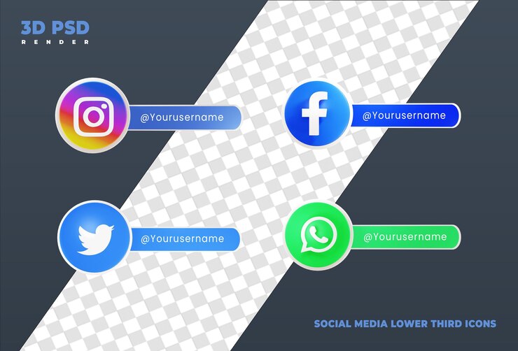 Colección de redes sociales, tercio inferior, diseño 3d, render, icono, insignia, aislado