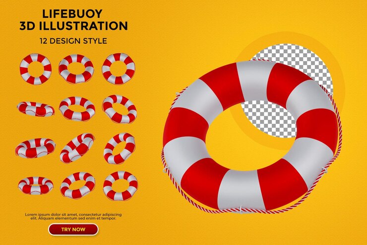 PSD colección de renderizado 3d lifebuoy para el verano con color rojo y blanco