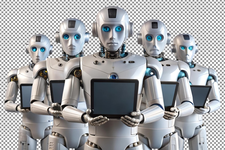 PSD colección de robots de ia que utilizan la tableta para la creatividad