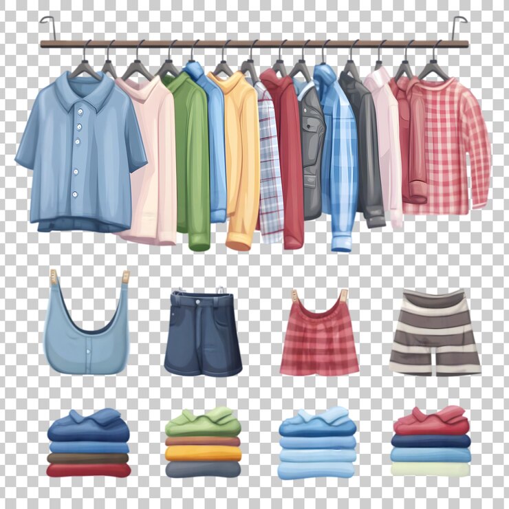PSD una colección de ropa colgada en un estante aislado en un fondo transparente
