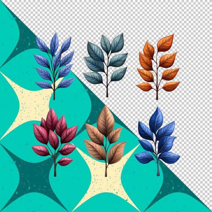 PSD colección de seis coloridas hojas de otoño ilustración botánica ramas de follaje de otoño vibrantes