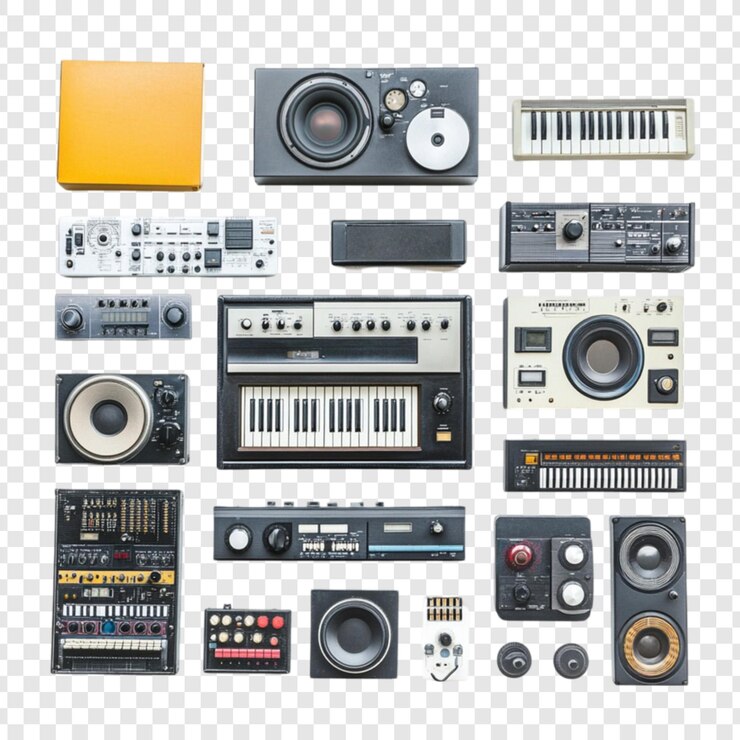 PSD colección de sintetizadores y equipos musicales antiguos equipo de estudio retro