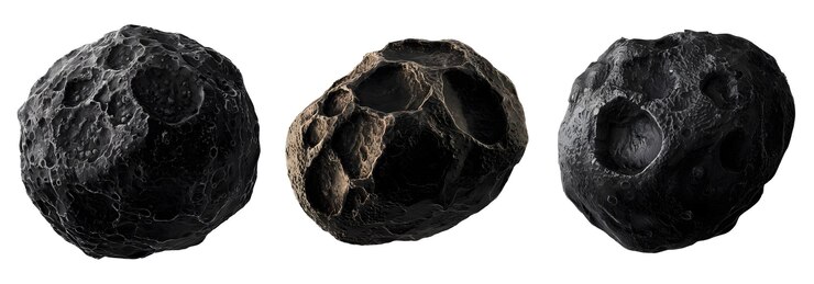 PSD colección de tres asteroides negros aislados en un fondo transparente y blanco