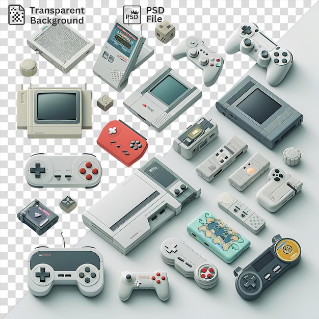 PSD colección única de videojuegos retro configurada en un fondo transparente con controladores gris blanco y naranja rojo, así como un pequeño televisor gris