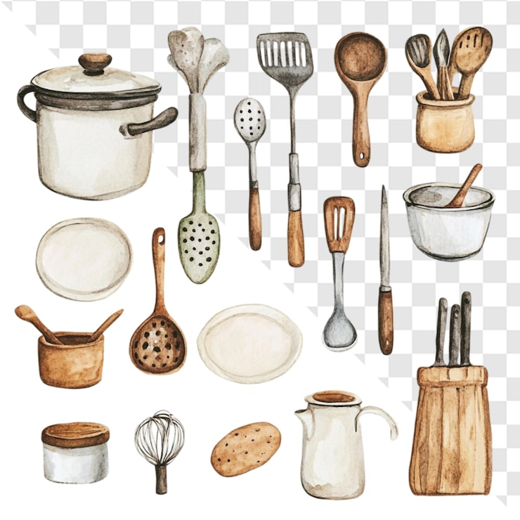 PSD colección de utensilios de cocina de acuarela encanto rústico cocina acogedora