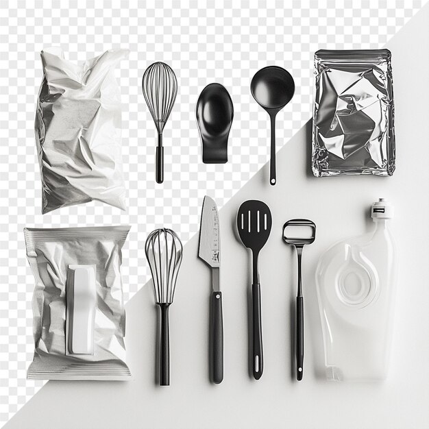 una colección de utensilios de cocina y una botella de baño