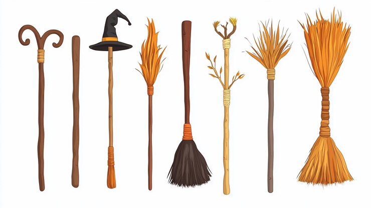 PSD colección de varias escobas y bastones de brujas aislados sobre un fondo blanco