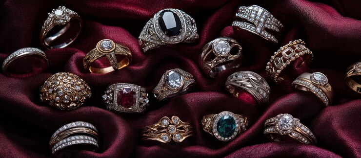 PSD colección de varios anillos de piedras preciosas y diamantes en seda roja oscura