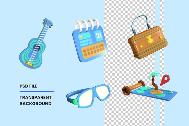 PSD colección de verano de íconos 3d rendida aislada en el fondo transparente