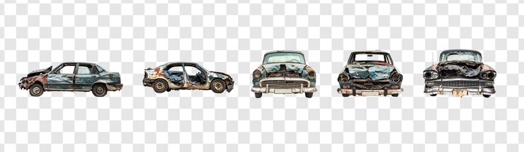 PSD colección de vista lateral del coche roto aislado en fondo transparente