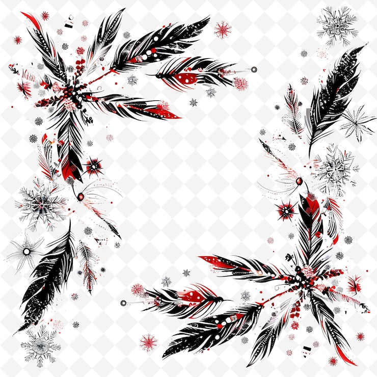 PSD colecciones de decoración navideña de plumas pintadas a mano con bordes de copos de nieve con un suave texto png