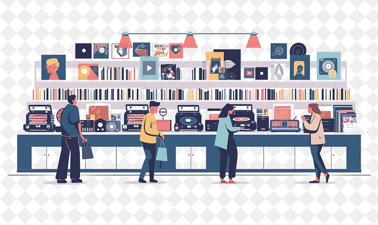 PSD coleccionista de discos nostálgicos con personajes que compran y venden personas de png en la ilustración del trabajo diario